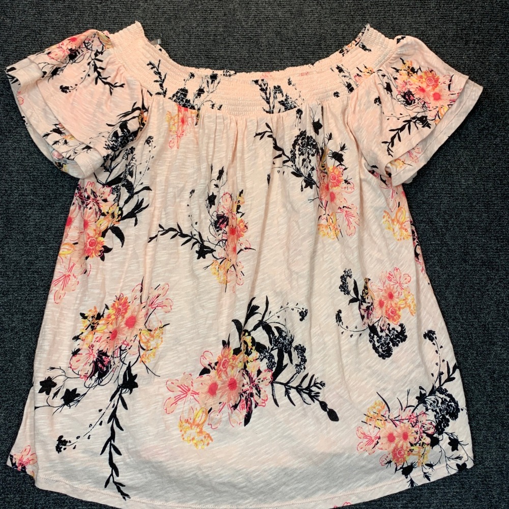 Cato Floral Off Shoulder Top L Peach Boho Cottagecore Smocked Peasant Romantic